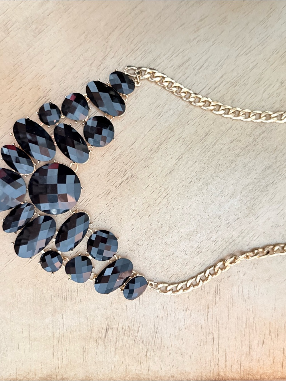 Gold Chain Necklace with Black Faceted Stones - Women Jewelry